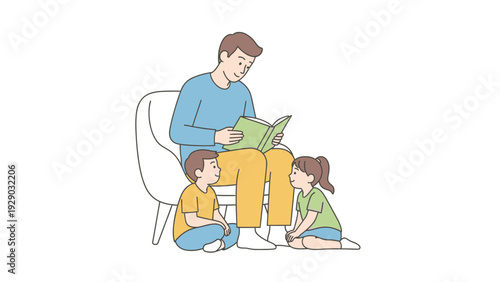 A man reads a book to two children sitting on the floor in a simple line drawing with a white background.