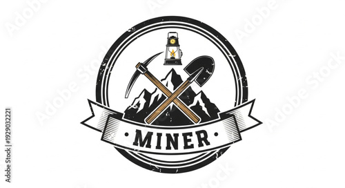 Vintage Miner Logo Depicting Mining Tools and Mountain Scene.