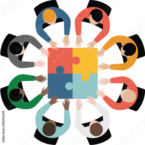 Diverse Business Team Solving a Central Jigsaw Puzzle Around a Round Table, Concept of Synergistic Collaboration, Strategic Problem-Solving, Corporate Unity, and Global Teamwork Vector Illustration