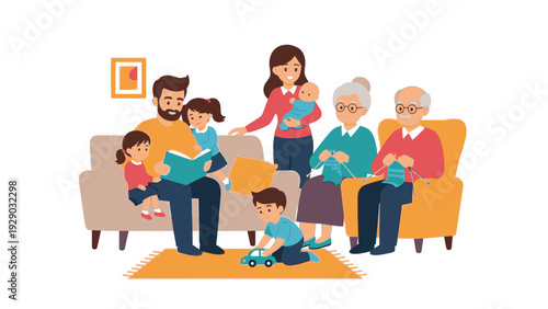 Multigenerational family sitting together on couches in a living room with children playing on the floor and reading books.