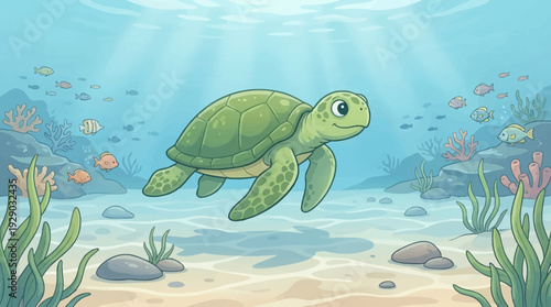 A peaceful underwater scene with a sea turtle swimming in clear blue water sandy seabed calm marine environment clean open composition