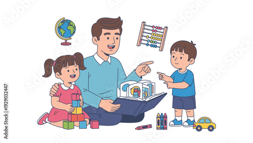 A man sitting with two children playing with toys and blocks on the floor with educational materials around them.