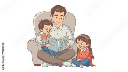 A man reading a book to a boy on his lap and a girl sitting beside him on a beige armchair with a plain white background.