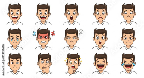 Diverse expressions of a person showcasing various human emotions in a series of illustrations.