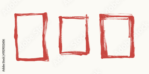 Set of three hand drawn brush stroke square frames isolated background, minimalist grunge vector design elements.