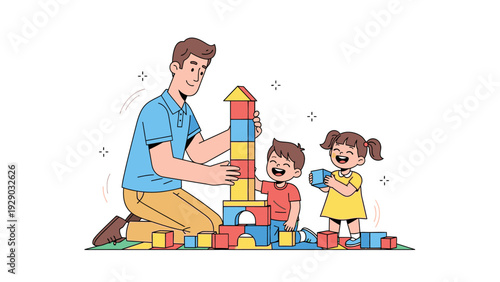 A man and two children building with colorful blocks on the floor in a playful scene.