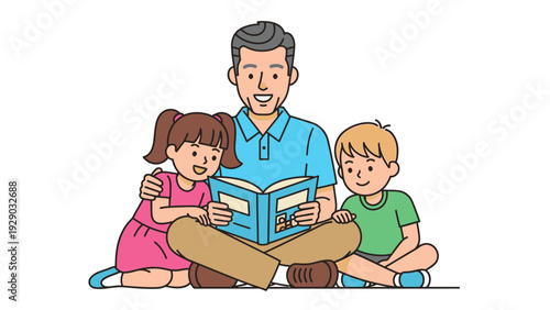 A cartoon illustration of a man reading a book with two children sitting on either side of him on the floor with a solid white background.