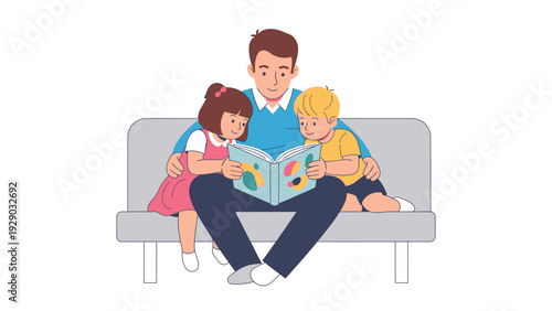 Illustration of a man reading a book with two children on a gray couch in a cozy setting.