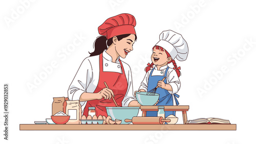 Illustration of a woman and a young girl baking together in a kitchen with various utensils and ingredients on a wooden counter.