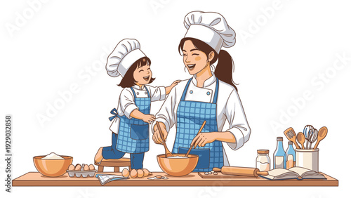 Illustration of a woman and a child wearing chef hats and aprons baking together on a kitchen counter with utensils and bowls.
