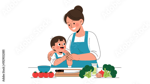 A woman and a child preparing vegetables together in a kitchen with a cutting board and various vegetables on the counter.