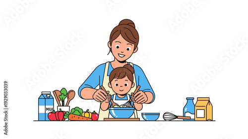 A cartoon woman and child preparing food together in a kitchen with various ingredients on the counter.