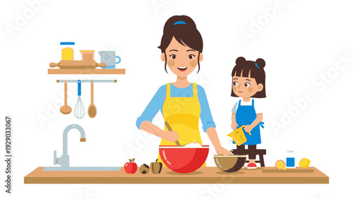 A woman in a yellow apron preparing food with a child in a blue apron standing beside her on a kitchen counter with various utensils and ingredients.