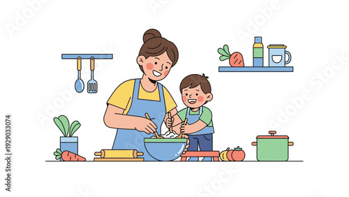 Illustration of a woman and a child preparing food together in a kitchen with various utensils and ingredients.