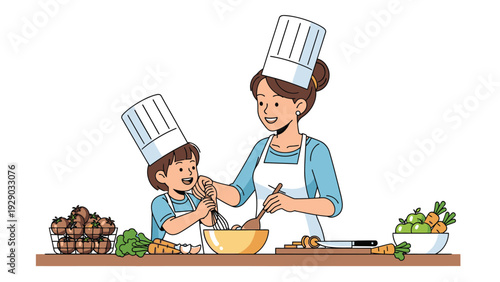 A woman and a child wearing chef hats preparing food together on a kitchen counter with various ingredients.