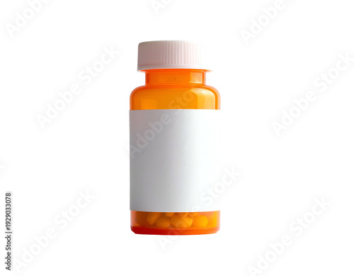 Orange prescription bottle with white label and cap, filled with small yellow pills