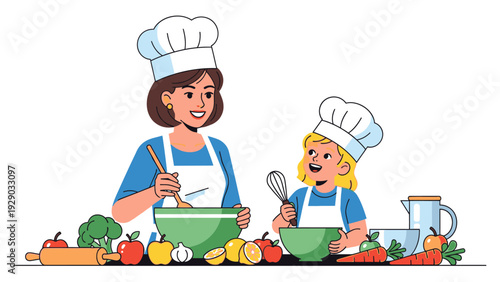 A mother and daughter in chef hats and aprons cooking together with various vegetables on a kitchen counter.