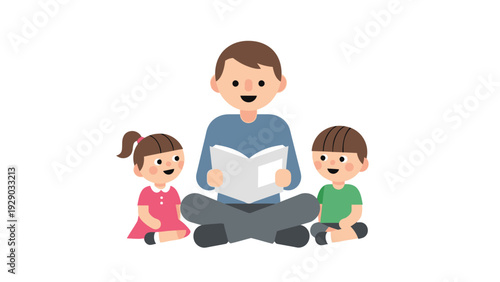 A smiling man reads a book to two happy children sitting on either side of him on a plain white background.
