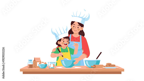 Illustration of a woman and a child wearing chef hats and aprons baking together in a kitchen with various utensils and ingredients on a wooden counter.