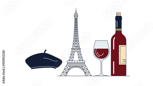 Flat lay illustration of a beret, Eiffel Tower, wine glass, and bottle on a white background, conveying French culture with a minimalist style.