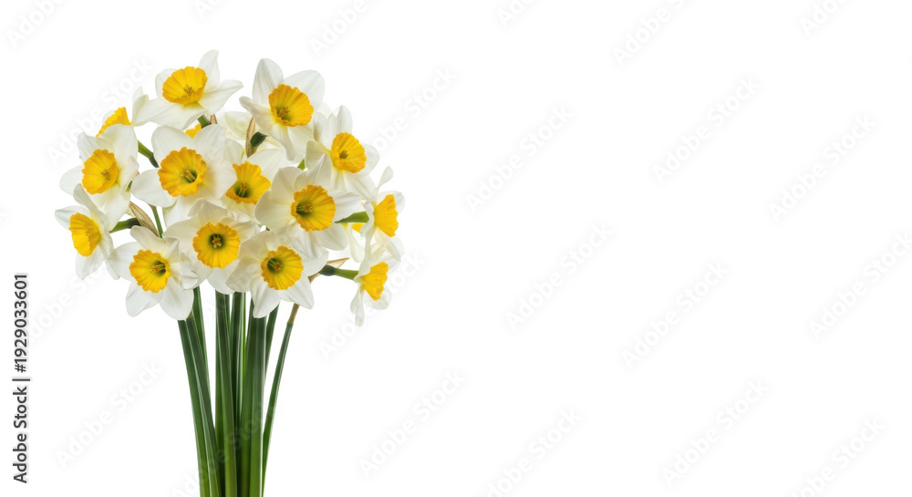 Fototapeta premium Lush, fresh bouquet of white and yellow narcissus flowers (pristine petals, yellow corona) and green stems, isolated on a bright white studio background with copy space. concept of spring commercial