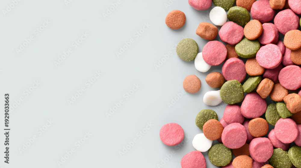 Obraz premium Colorful dry pet food kibble scattered on light background, featuring pink, green, white, and brown round pieces in minimal style close up collection