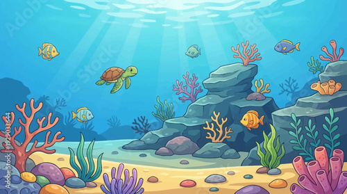 A colorful underwater coral reef scene with tropical fish clear blue water detailed seabed vibrant marine environment clean open composition