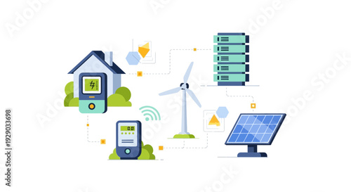 Smart Grid Energy Management Concept. Renewable Power Integration (Solar, Wind) connected to Home, Storage, and Smart Meters via IoT Network.