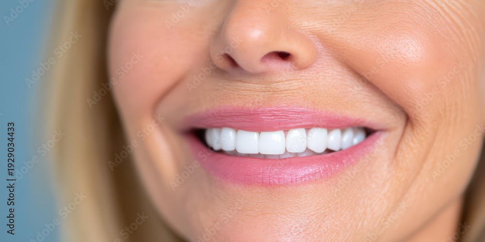 Fototapeta premium Close up of smiling woman mouth with white teeth and pink lips showing healthy skin texture and natural wrinkles around lips