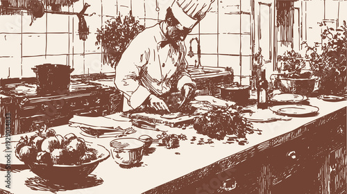 Professional cook chopping herbs beside sink counter. Banner for restaurant promotions and culinary services. Ink line hand drawn drawing style with detailed kitchen interior scene.