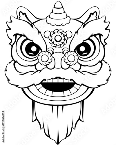 Traditional Chinese Guardian Lion Head Decorative Linework Illustration for Tattoo Poster and Festival Design Vector
