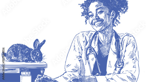 Veterinarian doctor with rabbit clinic exam table care. Smiling female vet checks bunny on desk. Hand drawn sketch drawing style. Banner for veterinary clinic branding.