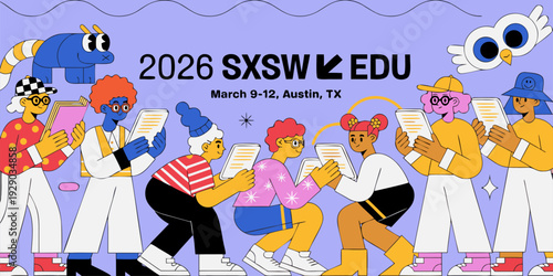 A vibrant illustration of people reading at the 2026 SXSW EDU conference in Austin, Texas.