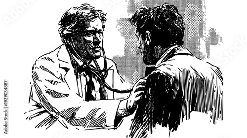 Medical examination doctor cardiology checkup sketch. Vintage ink line drawing style captures physician listening to patient chest during diagnostic procedure in clinic.
