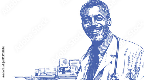 Senior doctor laboratory scientist portrait medical vector. Vector pencil sketch style of mature physician near equipment. Banner for research center, science healthcare content.