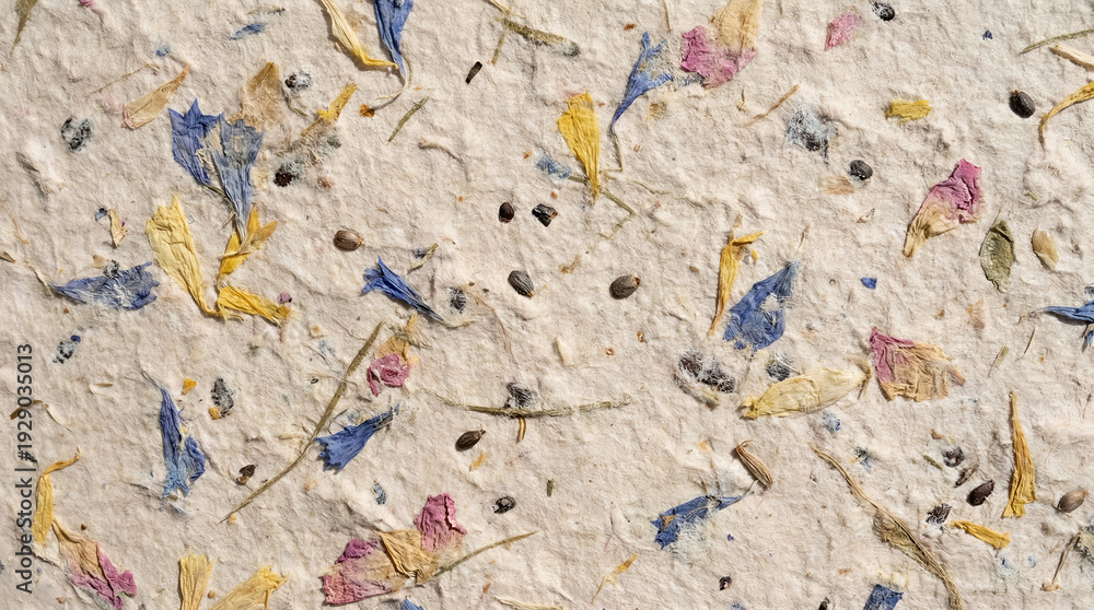 Fototapeta premium Close-up macro view of textured off-white surface covered with colorful fragments, highlighting texture, color and fragment details