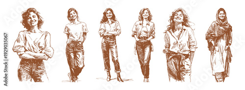 Smiling casual young woman standing confident pose. Modern female character in casual clothes, expressive posture and friendly emotion. Pencil hand sketch style. Banner for lifestyle branding.