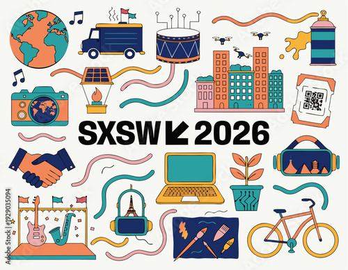 A vibrant illustration of the SXSW 2026 festival, featuring various icons and symbols representing music, technology, and art.