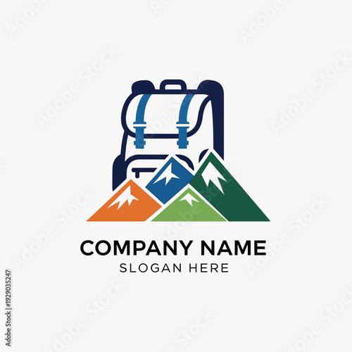 Backpack with Mountains Logo Design Template.