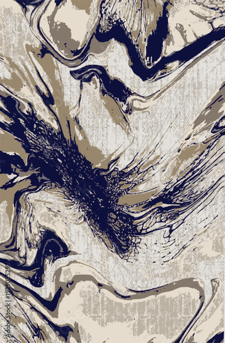 Abstract Mixed Media Background - Fluid Marble Texture with Navy and Beige Paint Splashes