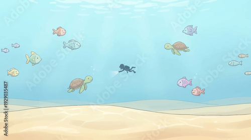 A wide underwater ocean scene with small diver silhouette clear blue water sandy seabed calm marine environment clean composition