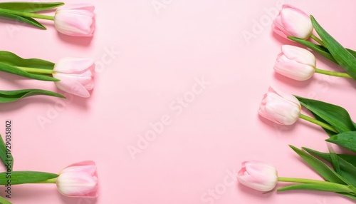 Multiple pale pink tulip blossoms frame a central blank space on a solid light background.