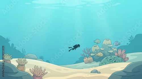 A wide underwater ocean scene with small diver silhouette clear blue water sandy seabed calm marine environment clean composition