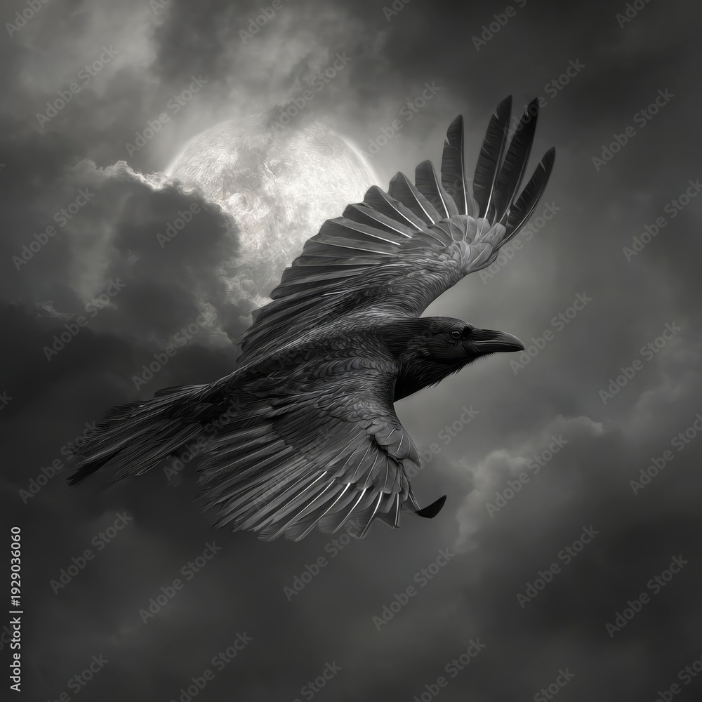 Fototapeta premium A powerful raven soars through the dark clouds as the glowing full moon illuminates the dramatic night sky, creating a mysterious and captivating atmosphere.
