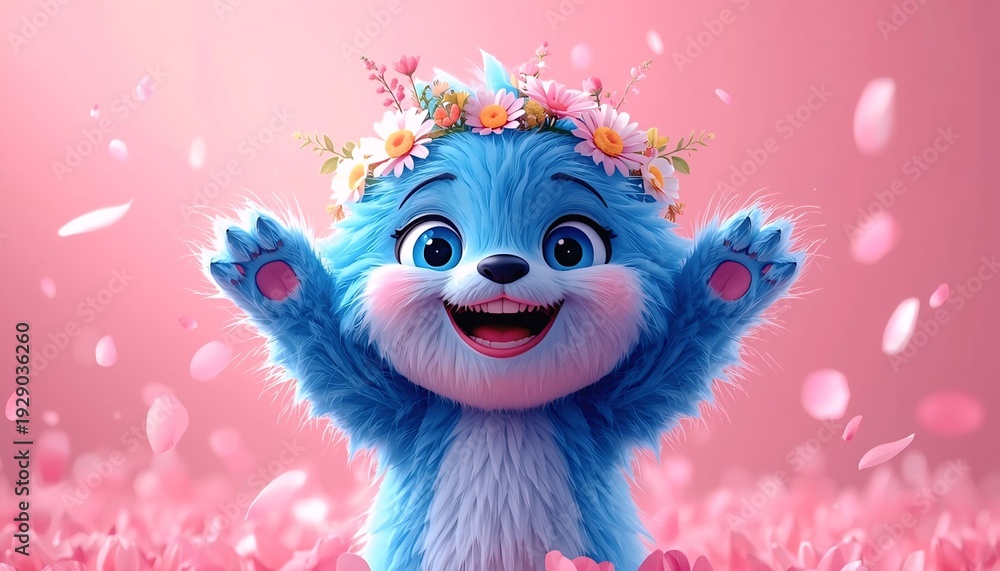 Naklejka premium Cute Blue Fluffy Monster with Flower Crown and Falling Petals on Pink Background