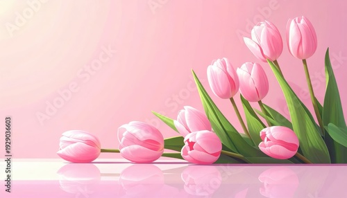 Pink tulip blossoms arranged diagonally against a soft background with reflective surface