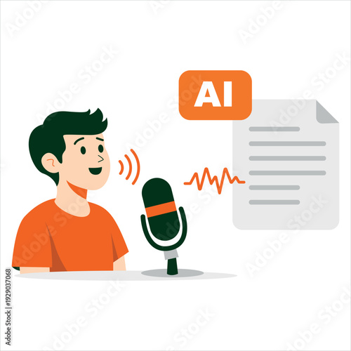 AI Voice to Text Concept – Man Speaking into Microphone with Speech Recognition and Transcription Document, Minimal Flat Vector Illustration