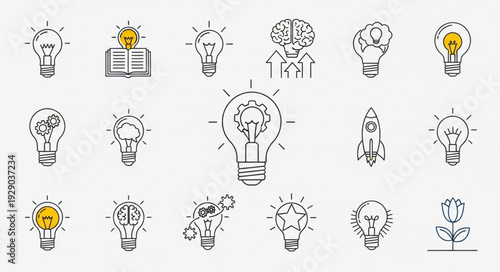 Collection of Hand Drawn Light Bulb Icons Representing Ideas and Innovation.