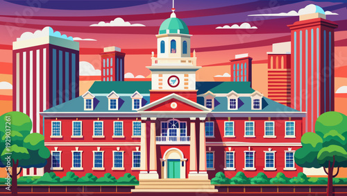 Very beautiful portrait view of Independence Hall showcasing its red brick façade, white clock tower, and colonial architectural elegance, symbolizing American heritage in the heart of Philadelphia, P