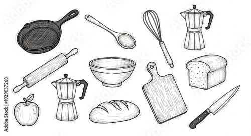 Collection of Hand Drawn Kitchen Utensils and Food Items.